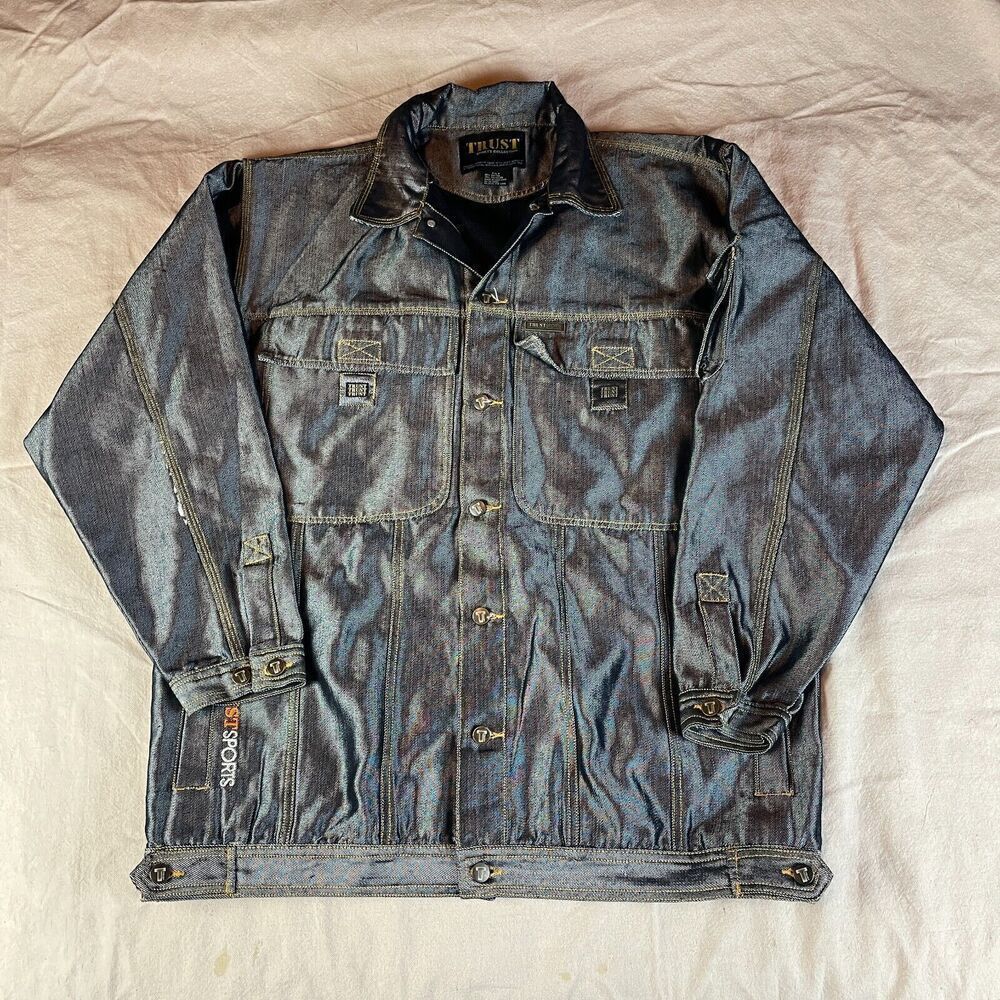 Vintage Y2K Jean Jacket Mens Extra Large XL Gray Denim Hip Hop Rap Skate Shiny
